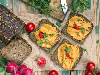 sandwich with tomato pate and chopped parsley - delicious breakfast