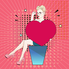 Comic Pop art blonde hair woman in pink labutenes sits and holds a red heart and her glasses. Vector illustration.