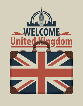 Vector banner with words Welcome to United Kingdom. Tourist suitcase with the flag of Great Britain, passenger planes and image of London Big Ben