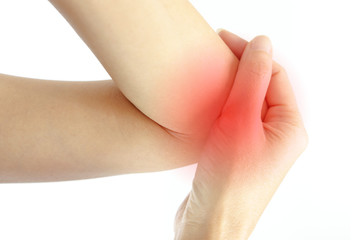 Woman Elbow pain on white background