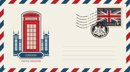 Vector envelope with London telephone booth, a postage stamp with flag of United Kingdom and rubber stamp in form of royal coat of arms