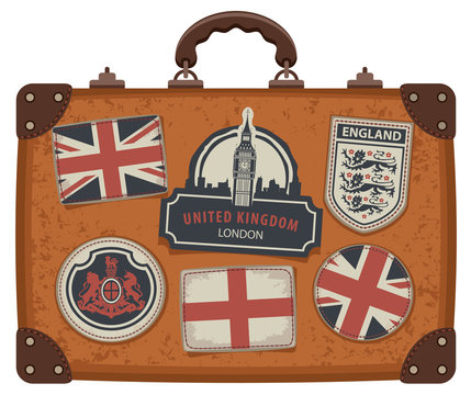 Vector image of travel suitcase with patches set with British and English symbols, coats of arms and flags of the United Kingdom and England in retro style