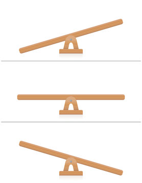 Seesaw or wooden balance scale - balanced and unbalanced, equal and unequal weightiness - isolated vector illustration on white background.