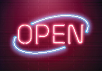 Bar open light Neon Sign. Night store red glowing letters . Open 24 hours sign - obrazy, fototapety, plakaty