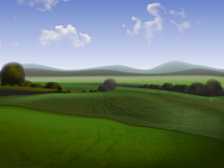 Fototapeta premium Hilly landscape with fields, high detailed illustration