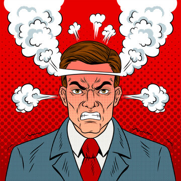Angry man with boiling head pop art vector