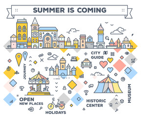 Vector city infographic. Illustration of road map with city important objects. Navigation route concept with key word.