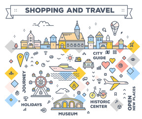 Vector illustration of city with entertainment objects. Infographic route concept with navigation elements. Shopping and travel road map.