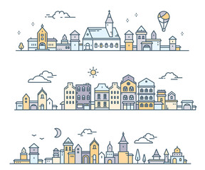 Urban european white detailed city with tree, cloud, air balloon. Vector illustration of three different summer city landscape on white background.