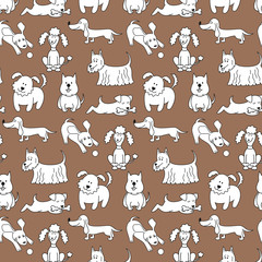 Fototapeta premium Seamless pattern with cartoon dogs on the brown background.