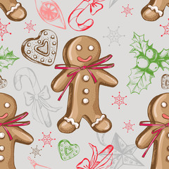 Seamless decorative pattern with Christmas and New Year's attributes. Hand drawn elements. Good for design wrapping paper.