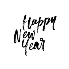Happy New Year or Christmas greeting card calligraphy hand drawn vector paint brush font lettering on white background. Merry Christmas of New Year holiday party postcard text modern calligraphic