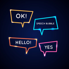 Set neon speech bubbles and blank template for quotes.