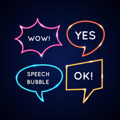 Set neon speech bubbles and blank template for quotes.