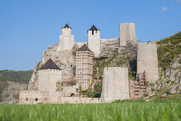 Fototapeta na wymiar Golubac Fortress (Golubacka trvdjava, or Goluback Grad) taken during a sunny afternoon. Golubac Castle was a medieval fortified town on the Danube River, downstream from the current city of Golubac.