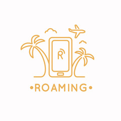 Linear illustration of international roaming on the mobile phone. - obrazy, fototapety, plakaty
