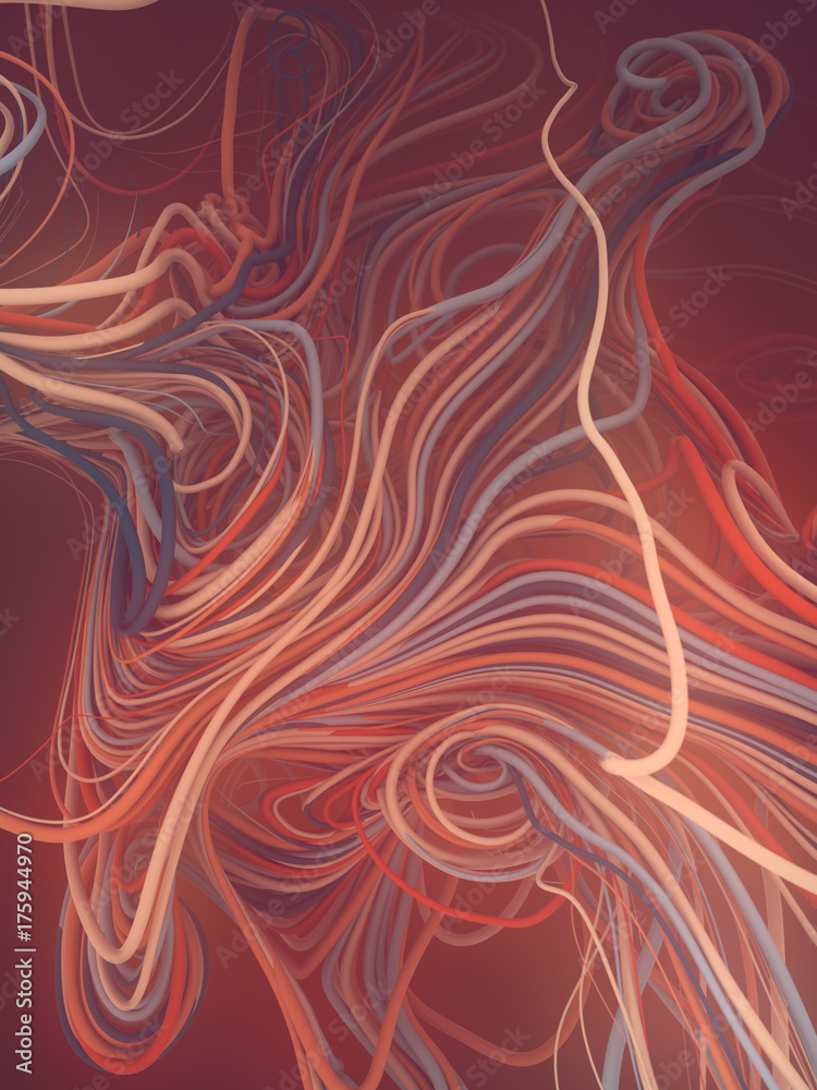 Poster Interlacing abstract red and orange curves. 3D rendering