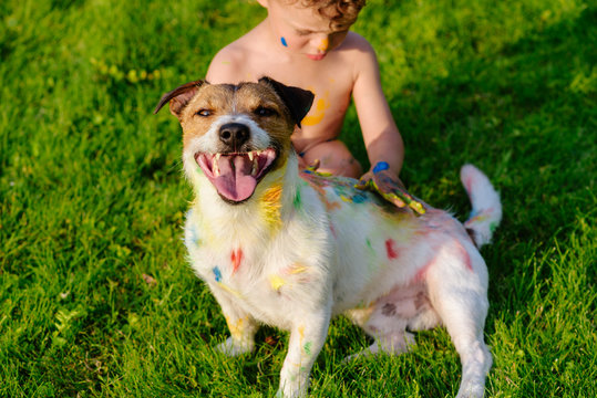 Kid painting with fingers on happy domestic pet dog