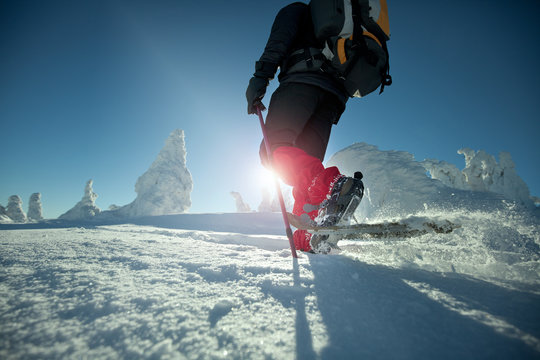 Winterurlaub im Harz, Wanderer l&auml;uft mit Schneeschuhen durch den Tiefschnee.