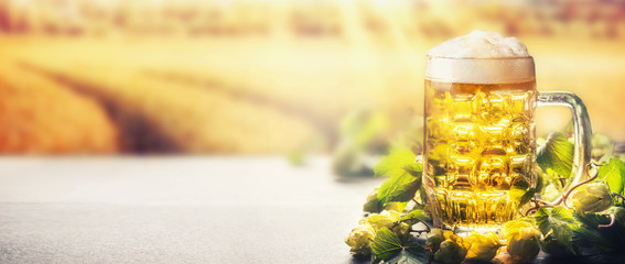 Mug of beer with foam on table with hops at field nature background with sunbeam, front view, banner