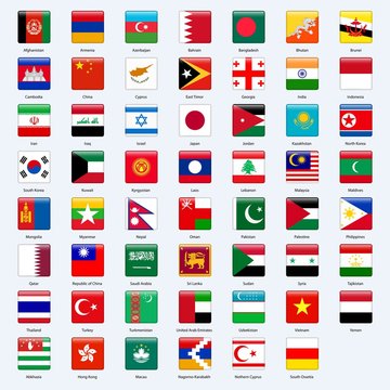 All flags of the countries of the Asia. Square glossy style.
