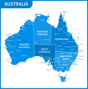 The detailed map of the Australia with regions or states and cities, capitals