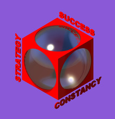 Success crystal ball 3D illustration. Crystal sphere, cutout red box, 3d text, purple background. Collection.