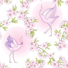 Seamless pattern with Japanese blossom sakura and crane, bird. V