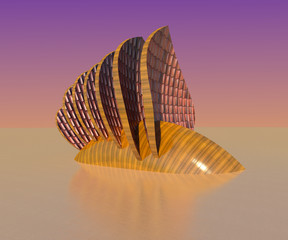 Fossil burried in the sand 3D illustration. Gradient color sky background. Collection.