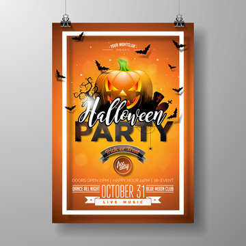 Halloween Party flyer vector illustration with pumpkin and cemetery on orange sky background. Holiday design with spiders and bats for party invitation, greeting card, banner, poster.