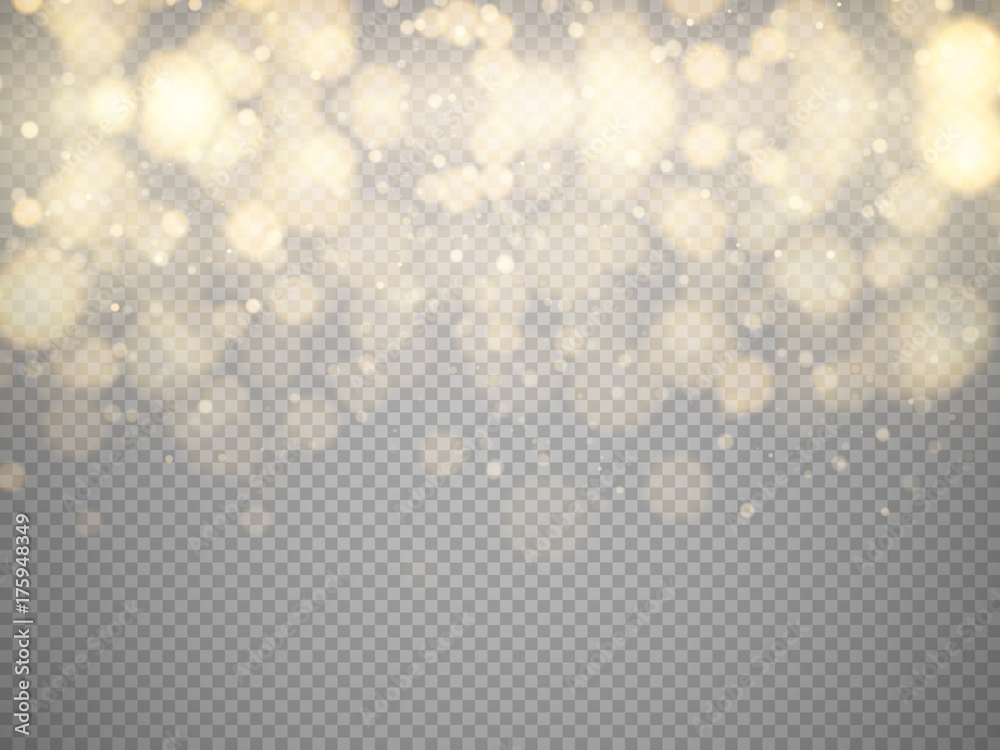 Poster Golden bokeh lights with glowing particles isolated. Vector
