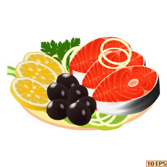 Salmon. Fish. Steak salted salmon on a plate. Fillet, steak fish in realistic style. Sea food product design. Vector illustration isolated on white background.