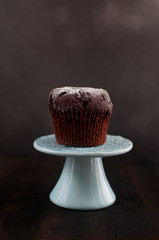 chocolate muffin isolated on a mini cake stand
