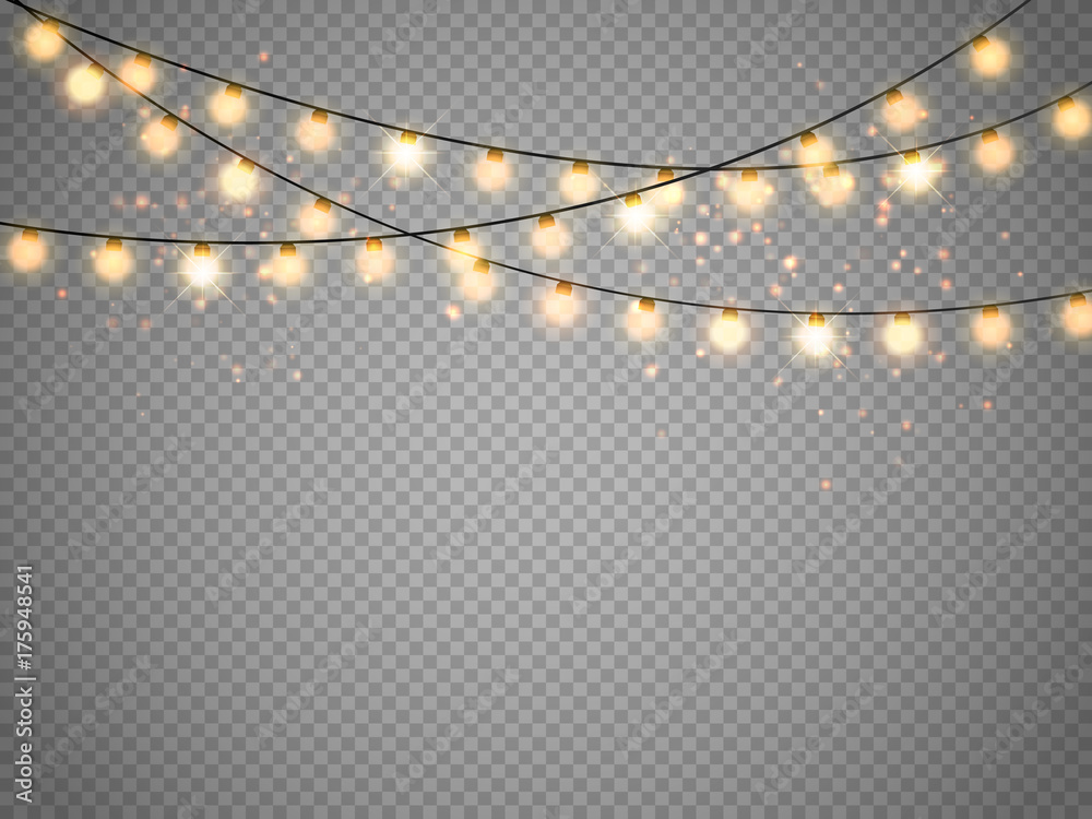 Sticker christmas lights isolated on transparent background. vector xmas glowing garland.