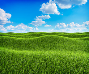 Green grass hills and blue sky landscape