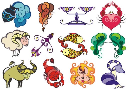 Set of zodiac icons (astrology, astronomy). Horoscope signs as cartoon characters. Vector illustration.