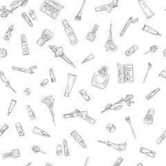 Hand drawn beauty and cosmetics items set. Seamless pattern background for design