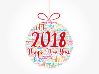 Obraz na płótnie Canvas Happy New Year 2018, Christmas ball word cloud, holidays lettering collage