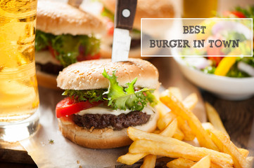 Hamburger, potato fries, cola drink. Takeaway food