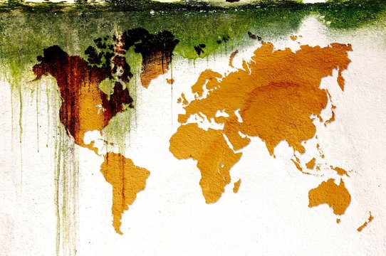 Grunge sepia dripping world map on mossy concrete wall. Elements of this image furnished by NASA.