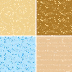 Fototapeta na wymiar beige and blue vector backgrounds - seamless patterns with music notes
