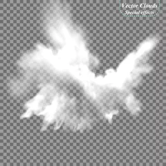 Poster Fog or smoke isolated transparent special effect. White vector cloudiness, mist or smog background. Vector illustration © shacil