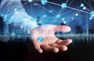 Businesman using flying network balls connection 3D rendering