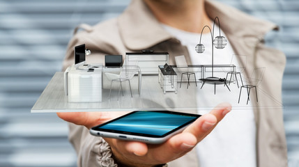 Businessman holding white 3D rendering apartment