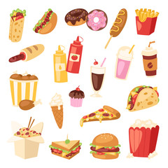Cartoon fast food unhealthy burger sandwich, hamburger, pizza meal restaurant menu snack vector illustration.