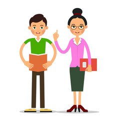 Young boy student reads a book or an summary to an woman teacher