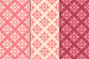 Set of red floral ornaments. Cherry pink vertical seamless patterns