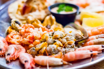 Selective focus, seafood platter from a local restaurant in Southwold, a popular seaside town of the UK