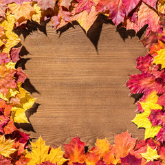 Naklejka na ściany i meble Frame of autumn leaves on an oak background. Place for inscription.
