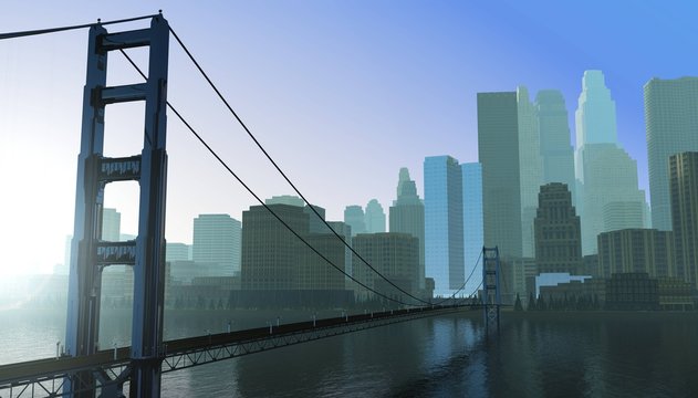 modern city with a bridge across the bay, a bridge at sunrise in the background of the city, 3d rendering
